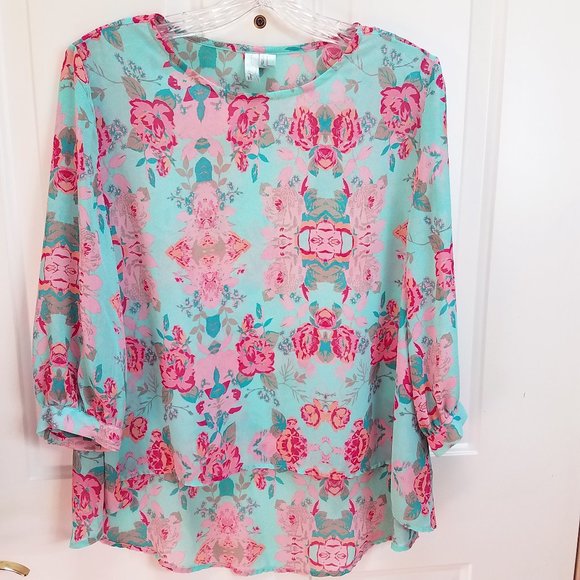 Forever 21 Tops - Forever 21 Women's Hi Lo Semi Sheer Turquoise Floral Shirt Top Blouse Cover Up